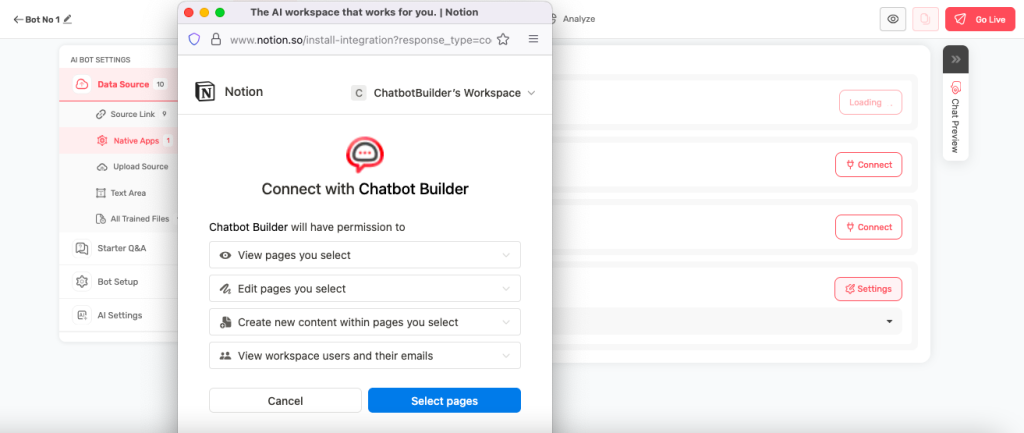 ChatbotBuilder user settings panel